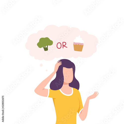 Girl Trying to Make Decision, Broccoli or Cupcake, Woman hoosing Between Healthy and Unhealthy Food Flat Vector Illustration photo