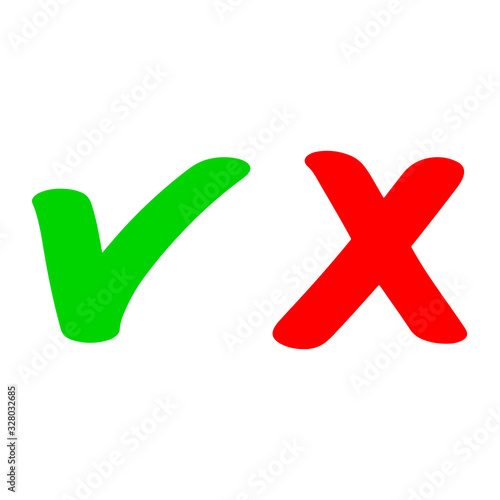 hand drawn of Green checkmark and Red cross isolated on white background. Right and wrong icon . Vector illustration.