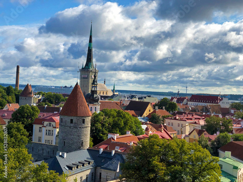 Tallinn, Estonia : Old city of Tallinn seen from a lookout on Toompea hill. Traditional Red rooftops, tower and St Olaf's church top seen