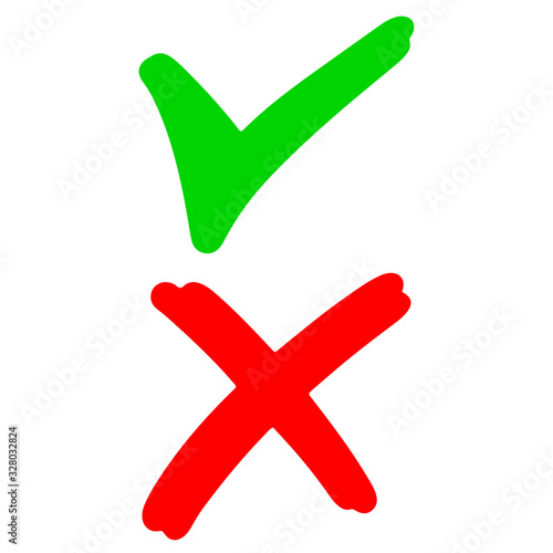 hand drawn of Green checkmark and Red cross isolated on white background. Right and wrong icon . Vector illustration. photo