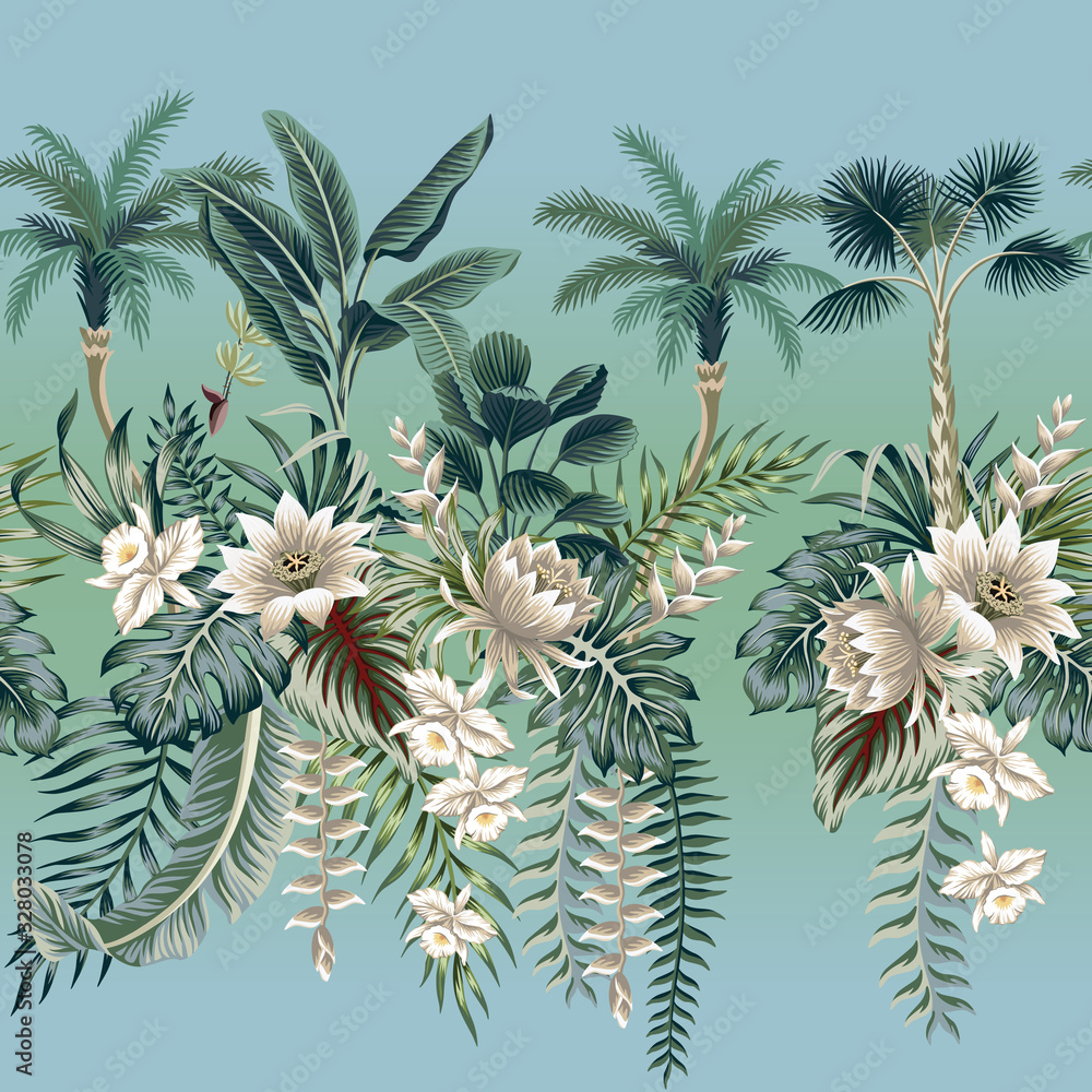 Obraz premium Tropical vintage botanical landscape, lotus flower, palm tree, plant, palm leaves floral seamless pattern gradient background. Exotic jungle wallpaper.