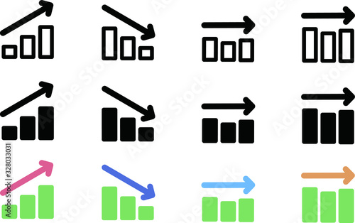 上昇、下落の棒グラフのアイコン、イラスト、素材、カラー、白黒
