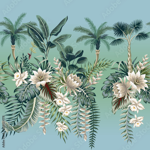 Tropical vintage botanical landscape, lotus flower, palm tree, plant, palm leaves floral seamless pattern gradient background. Exotic jungle wallpaper. © good_mood