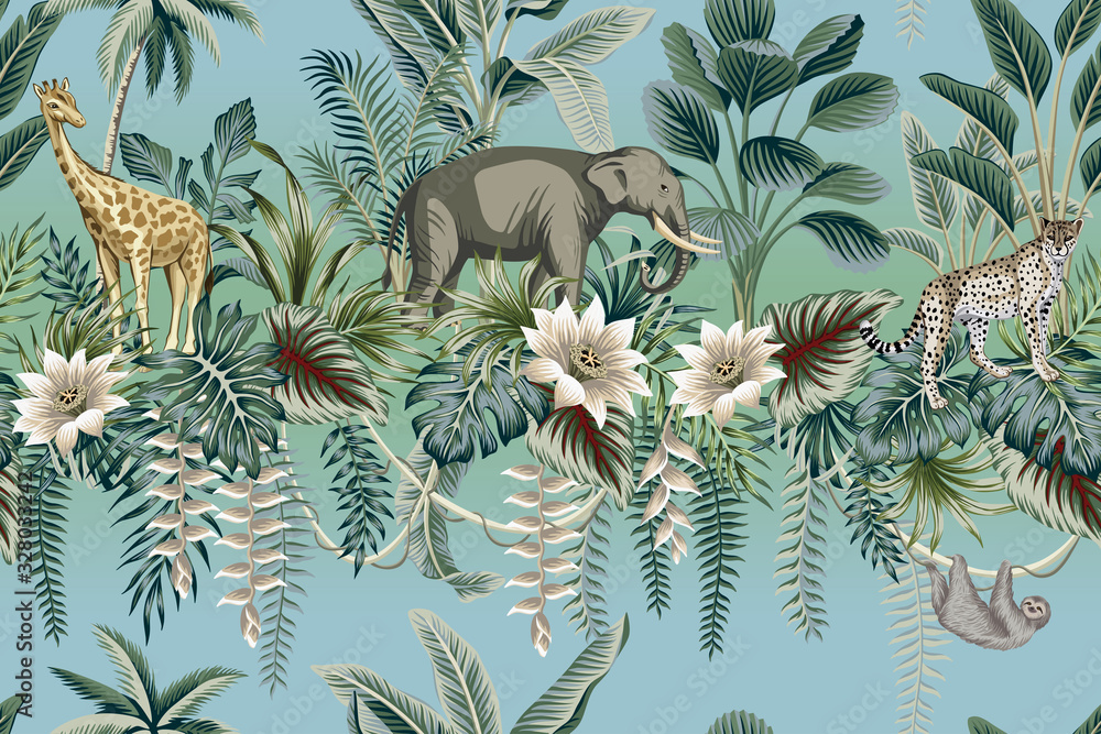 Tropical vintage botanical landscape, lotus flower, palm tree, plant, palm leaves, sloth, leopard, elephant, giraffe floral seamless pattern gradient background. Jungle wild animal wallpaper.