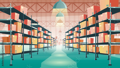 Warehouse interior with cardboard boxes on metal racks. Vector cartoon illustration of empty storehouse interior with goods, cargo and parcels on shelves. Storage room in store, market
