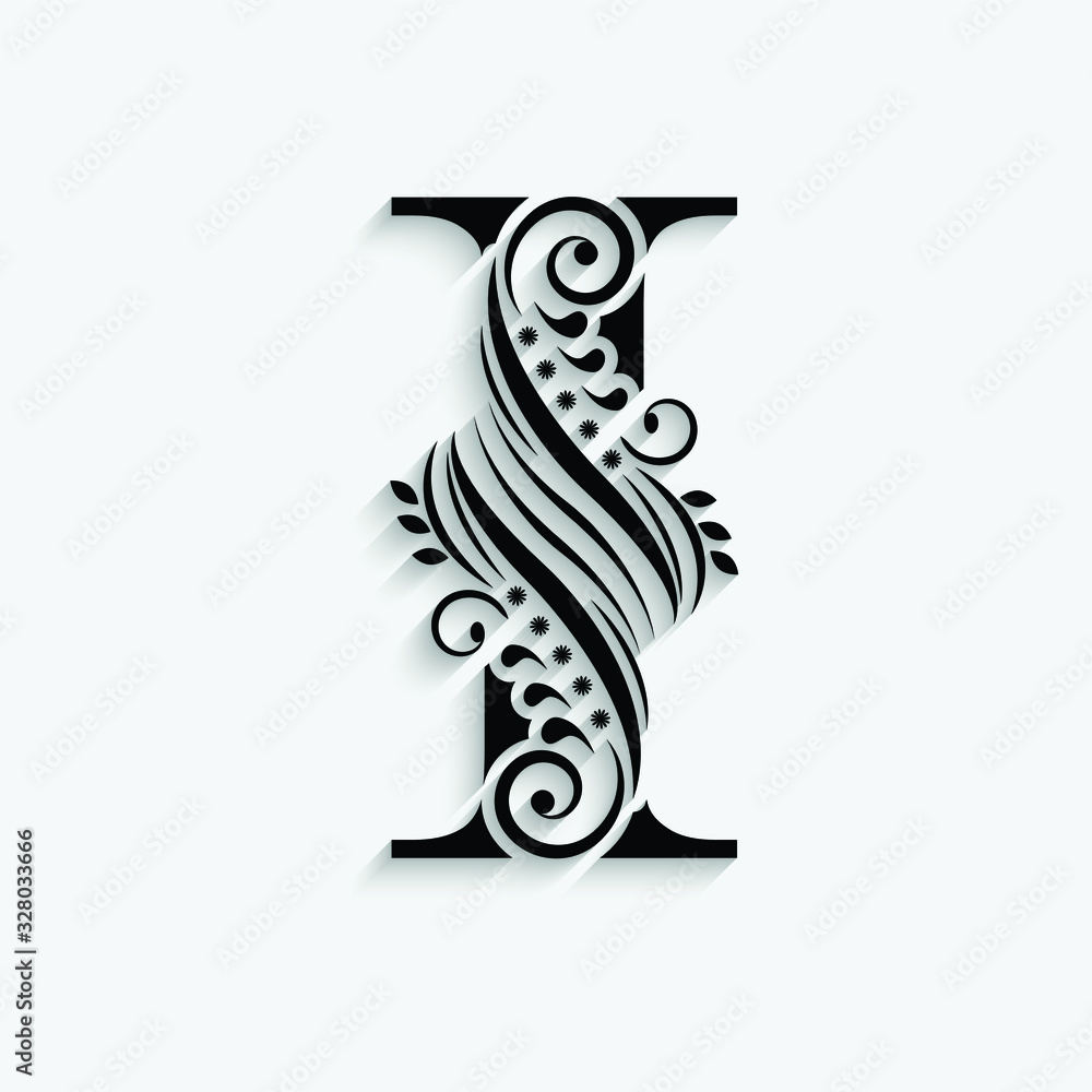 letter I. Black flower alphabet. Beautiful capital letter with ...