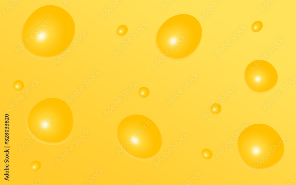 Illustration of cheese with large holes, 3d textured yellow background. Dairy product pattern.