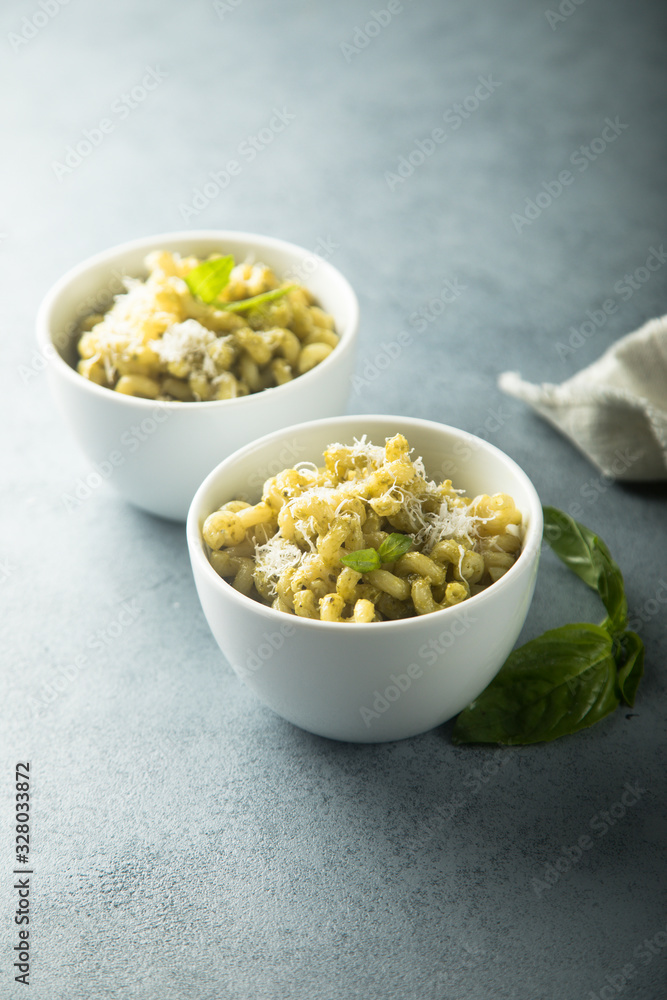 Pasta with pesto sauce served for two Pasta with pesto sauce served for two