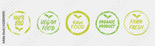 Vegan Healthy Ecology Bio Emblem Logo Design Lettering Badges with Fresh Green Leaves and Grunge Circles Icon Label Sticker Design
