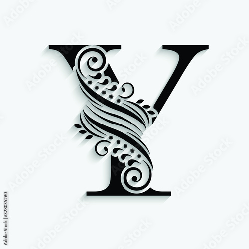 Fototapeta Naklejka Na Ścianę i Meble -  letter Y. Black flower alphabet.  Beautiful capital letter with shadow