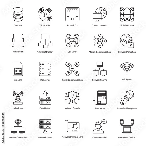  Pack Of Networking Line Icons  network, folder, database, wireless, usb, port, connection, global, wifi router, structure, call, affiliate, communication, protection, sim, card, dataserver, social, s photo