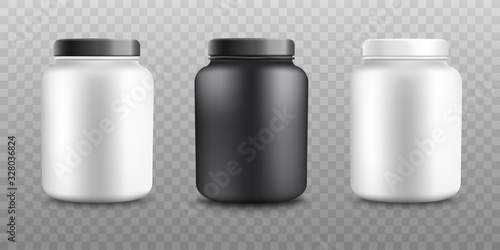 Realistic protein supplement container mockup set - isolated vector illustration
