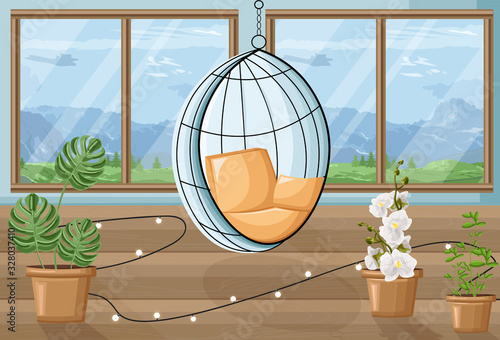 Cozy house with flowers and swing chair. Mountains on background