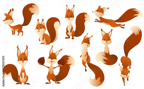 Cute cartoon squirrels. Sweet friendly animals. Vector illustration with simple gradients. Funny forest wild animals running standing, walking and jumping. Clip art collection