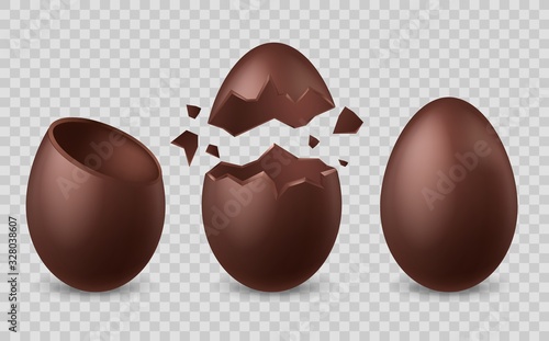 Realistic vector chocolate easter broken eggs set.