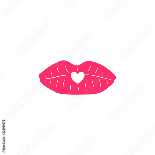 Female lips kiss, heart, symbol of love, medicine for love, flat silhouette, vector illustration, pink, red