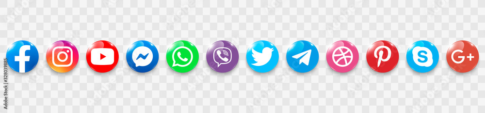 Collection of popular social media logo on a transparent background. Social  media glass icons: facebook, instagram, youtube, twitter, viber, whatsapp,  skype, telegram, pinterest, google Stock Vector | Adobe Stock