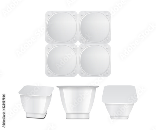 White plastic container with plastic wrap or foil cover. For dairy products, yogurt, cream, dessert, jam. Vector square pack. Front, top, side view