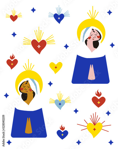 Cute bright vector illustration pattern with black and white Holy Virgin Mary with yellow halo above head surrounded by ex-voto hearts in different colors for church holidays like christmas and easter