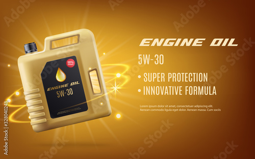 Realistic engine machine oil ad poster with golden canister mockup