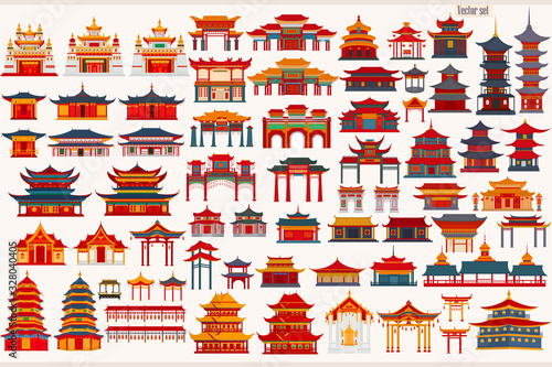 Set of Chinese temples, gates and traditional buildings on a light gray background	
