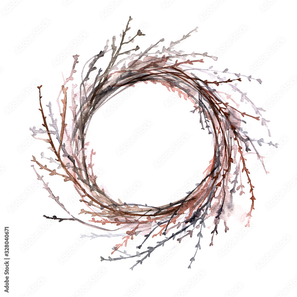 Naklejka premium Spring wreath decor from the branches. Watercolor drawing flowers decoration. Green spring twigs and eggs