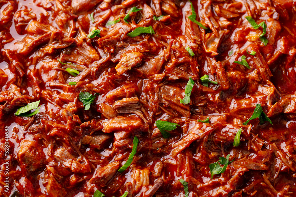 Beef shredded meat with sauce. Close up. Beef shredded meat with sauce. Close up.