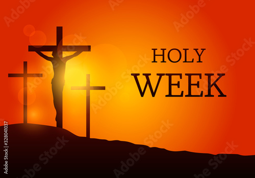 Crucifixion of Jesus Christ on the cross at Calvary against a sunset. Good friday, holy week, easter concept.
