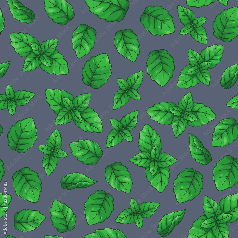 Seamless pattern with different bright green mint leaves on dark background. Seamless pattern with different bright green mint leaves on dark background.
