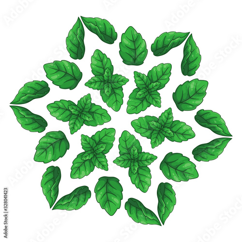 Mandala with mint leaves. Cartoon design for packaging, textile, invitations.