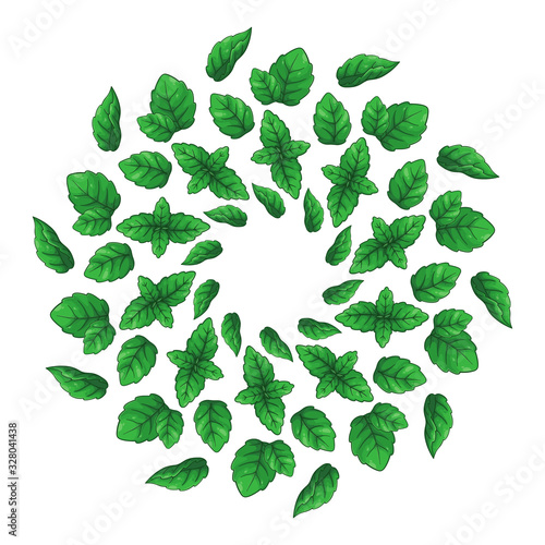 Mandala with mint leaves. Cartoon design for packaging, textile, invitations.