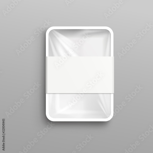 Mockup of food container with cellophane realistic vector illustration isolated.