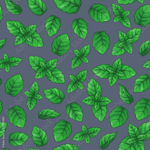 Seamless pattern with different bright green mint leaves on dark background. © haosame
