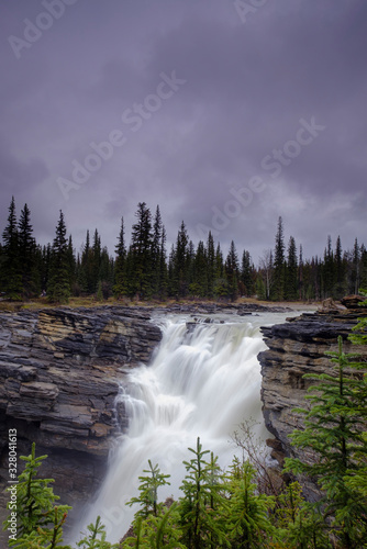 Athabasca Falls in the Rocky Mountains of Canada. Between the cliffs above the water stuck logs. Cloudy day in Jasper National Park