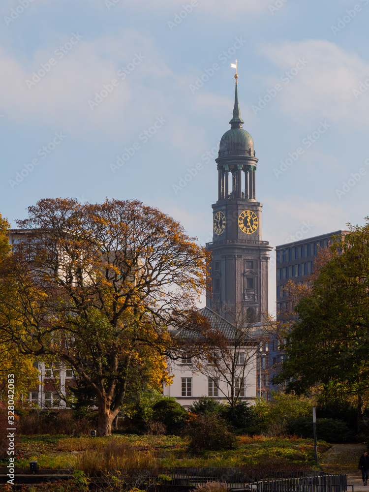 St. Michaelis Church in Hamburg in autumn.