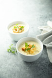 Cheese soup with bread croutons 