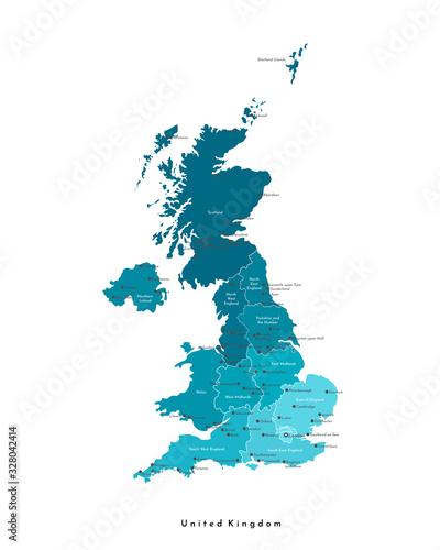 Vector modern isolated illustration. Simplified administrative map of United Kingdom of Great Britain and Northern Ireland (UK). Blue shapes. Names of spme big cities and regions. White background