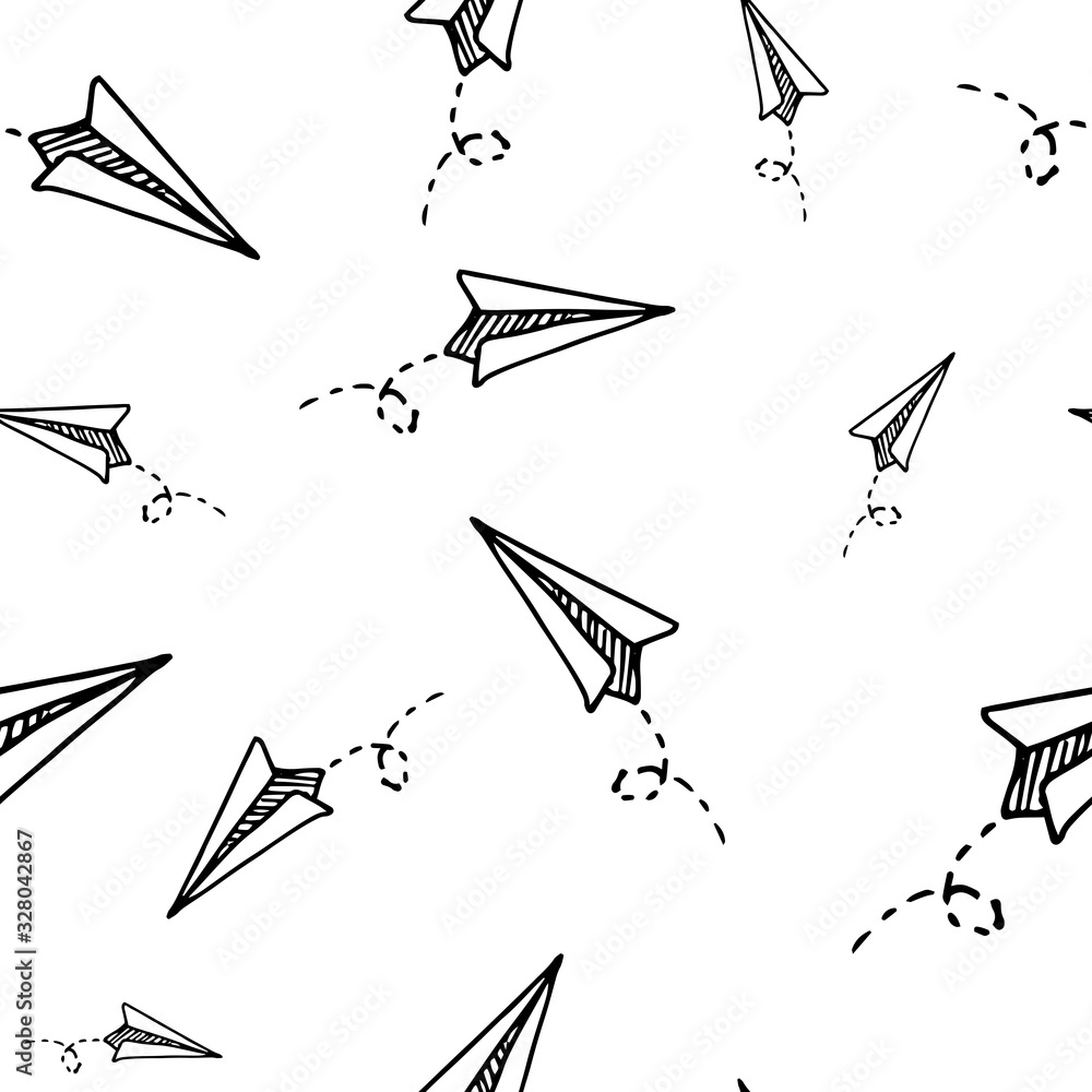 Paper airplane pattern. Seamless vector backdrop. Simple black doodle illustrations on transparent background