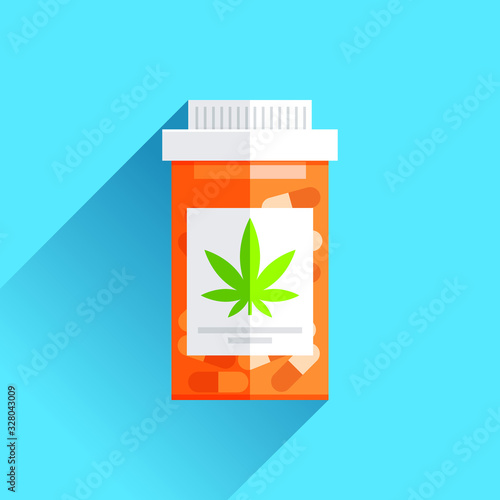 Jar of medicinal marijuana, ganja box in flat style on color background. Vector design element for you project