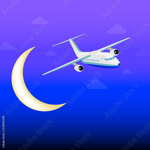 White passenger plane flying among the clouds in the night.