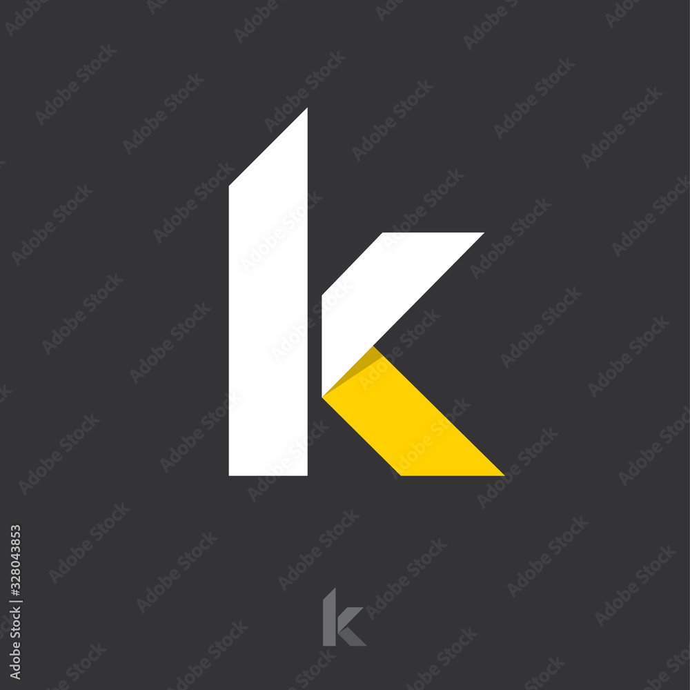 K letter. K monogram consist of white-yellow ribbon, isolated on a dark background. Monochrome option. K letter. K monogram consist of white-yellow ribbon, isolated on a dark background. Monochrome option.