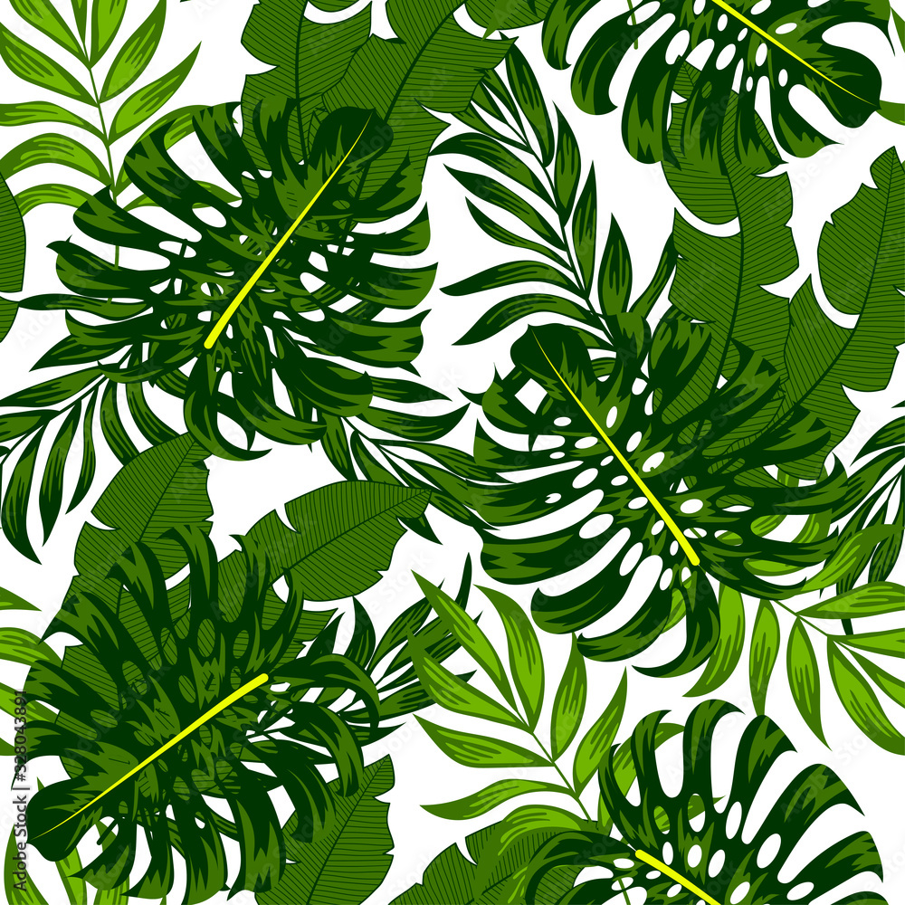 Botanical seamless tropical pattern with bright plants and leaves on a white background. Summer colorful hawaiian seamless pattern with tropical plants. Jungle leaf seamless vector floral pattern.
