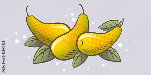 Some ripe pears on a light background. Ripe fruits and leaves illustration. Organic farm products. Engraved style.