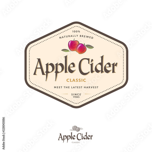 Apple Cider label. Apple beverage in hexagon frame. Some ripe pomegranate and leaves with letters. 