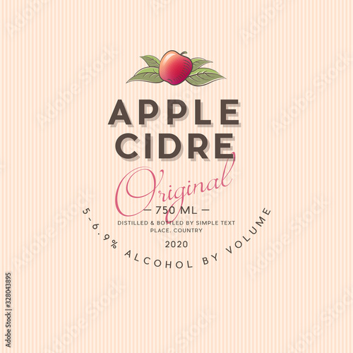 Apple Cider label. Apple beverage sticker. Ripe apple and leaves with letters. 