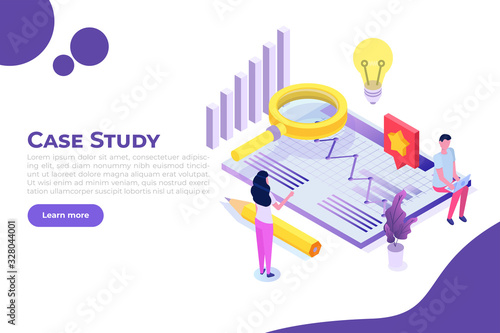 Case study concept with tiny character. Web page template. Flat style isometric vector illustration.