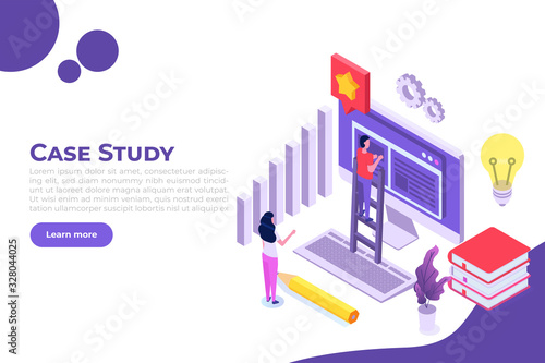 Case study concept with tiny character. Web page template. Flat style isometric vector illustration.
