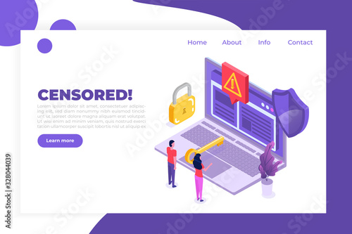 Web ban bypass, Internet censorship bypassing. Content control blocking, filtering offensive chats messaging. Vector isometric illustration.