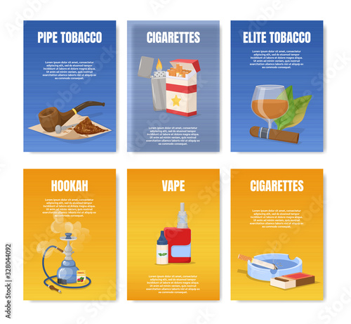 Smoking tobacco, bad habits set. Tobacco hookah, vape with smoke steam.