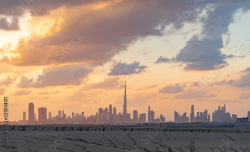 Photography Dubai Downtown skyline with desert sand, United Arab Emirates or UAE